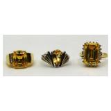 3 Sterling Silver Yellow Stone Rings