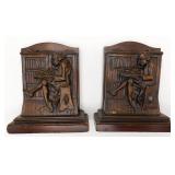 Antique Carved Wood Bookends Man Reading Library