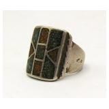 Sterling Navajo Turquoise Coral Chip Inlay Ring