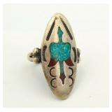 Navajo Sterling Turquoise Coral Inlay Bird Ring