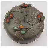 Chinese Pewter Box with Jade & Agate Stones