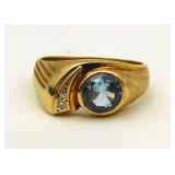 10k Gold Aquamarine & Diamonds Mens Ring