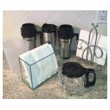 3 Travel Mugs, 2 Napkin Holders, 4 Cup Coffee Pot