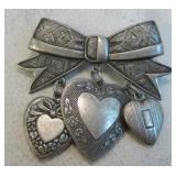 Vintage Metal Hearts & Ribbon Brooch / Pin