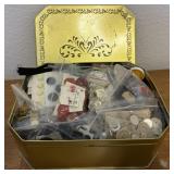 Large Tin of Buttons and Sewing Supplies