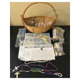 Basket With Rosary Making Supplies, Some Finished