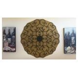 3 Pc Art, Wine Prints On Wood and 36' Metal Art