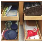 Contents of Cabinets Left of Stove Glass & Plastic