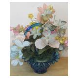 9' Fenton Blue Glass Basket W/Flowers