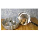 Vintage Bundt Pan & Sieve W/Wood Utensils