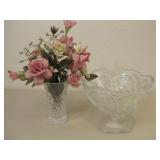 6' Crystal Vase W/Flowers & Glass Bowl