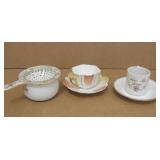 Three Vintage Teacups & Saucers & Strainer
