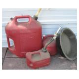 Three Plastic Gas Cans & Oil Pan