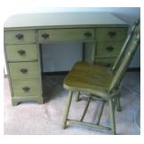42x 21x 29.5 Vintage Green Desk & Chair W/Glass