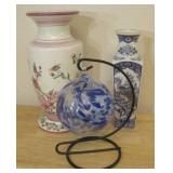 Two Ceramic Vases & Blown Glass Orb Tallest 9.5'