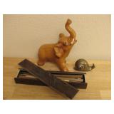 8' Ceramic Elephant, Chopsticks & Brass Snail