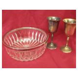 9' Wide Silver Plate Rimmed Bowl & Metal Goblets