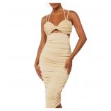 SZ M, Forever 21 Ruched Mesh Midi Dress Natural