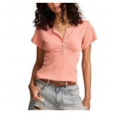 Lucky Brand Crochet Trim Short Sleeve Henley Coral