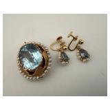 14kt Aquamarine & Pearl Pin and Earrings