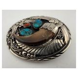 Bear Claw, Turquoise, & Coral Belt Buckle