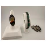 Multi-Stone Ring, Malachite Bracelet, & Pin