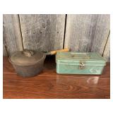 Cast Iron Pot with Lid and Green Metal Box