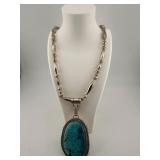 Sterling Silver & Large Turquoise Pendant Necklace