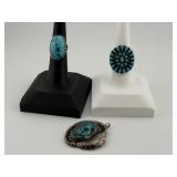 Two Turquoise Rings and One Leaf Motif Pendant