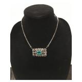 Silver Pendant Necklace with Green Center Stone an