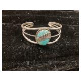 Silver Cuff Bracelet with Turquoise Stone and Feat