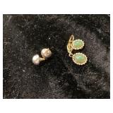 Pearl Stud Earrings and Gold-Tone Green Stone Drop