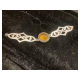 Sterling Silver Bracelet with Amber Cabochon Accen