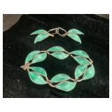 Green Enamel Leaf Bracelet and Matching Brooch Set