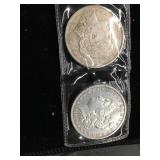 Two Morgan Silver Dollars in Protective Sleeves