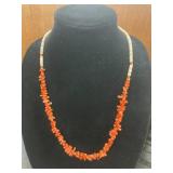 Beaded Necklace with Red Coral and Tan Accents