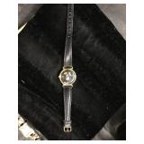 Gold-Tone Watch with Black Leather Strap and Circu