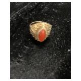 Gold-Tone Ring with Red Oval Bead Accent