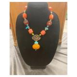 Beaded Necklace with Carnelian, Turquoise, and Amb
