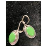 Silver-Toned Drop Earrings with Green Oval Accents