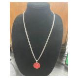 Silver-Tone Chain Necklace with Red Spiral Pendant