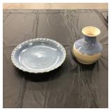 Ann Brink Pottery Blue Glazed Plate and Vase