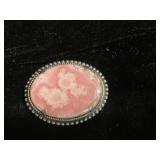 Silver Oval Brooch with Pink Stone Center