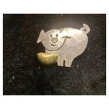 Sterling Silver Pig Pin with Brass-Tone Accented D