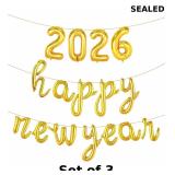 3x Gold Happy New Year Balloons 2026 18 Inch Gold