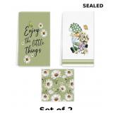 2x Green Daisy Kitchen Towels Dish Towels
