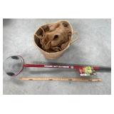 NUT GATHERING TOOL & WOVEN BASKET FULL OF BURLAP