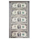 5- $2 DOLLAR BILLS, LIGHTLY CIRCULATED