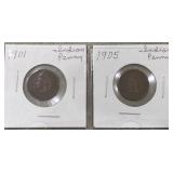 2- INDIAN HEAD  PENNIES (1901/1905)