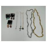 LOT OF HANDMADE COSTUME JEWELRY TO INCLUDE CROSS NECKLACES, CHIP BEAD GEMSTONE NECKLACES AND EARRING